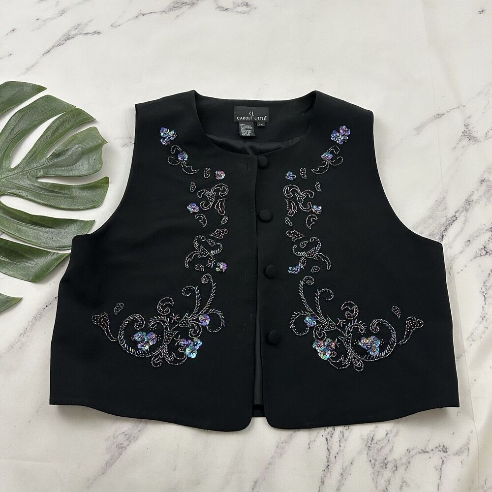 Carole Little Womens Vintage 90s Beaded Vest Size 14 Black Purple Floral Sequins